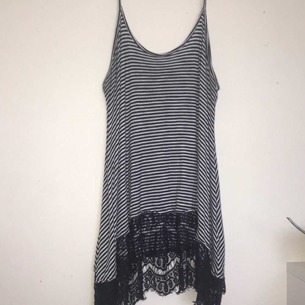 A striped tee with navy blue lace on bottom